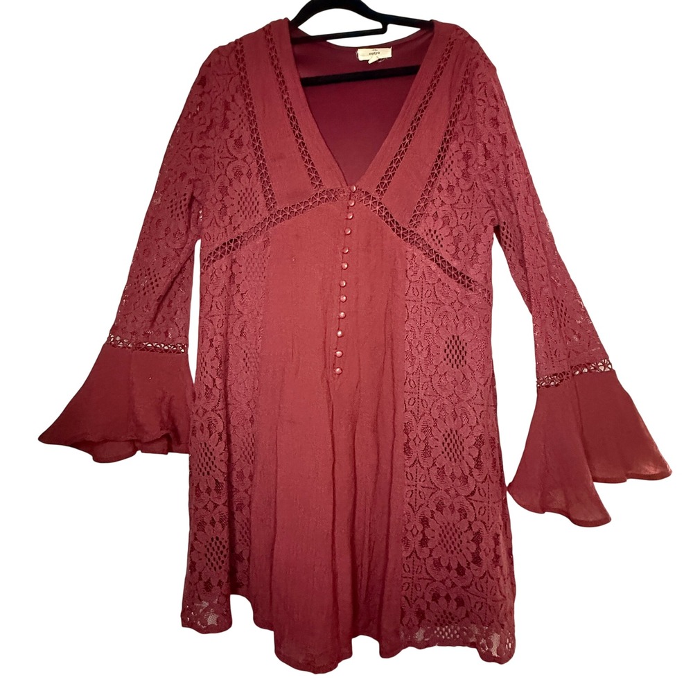 Entro D3483 Burgundy Crochet Lace V Neck Bell Sleeve Mini Dress M
